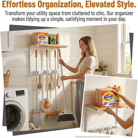 Upgraded Broom Holder Wall Mount with Shelf, Mop and Broom Organizer Wall Hanging, Cleaning Supplies Organizer (small)