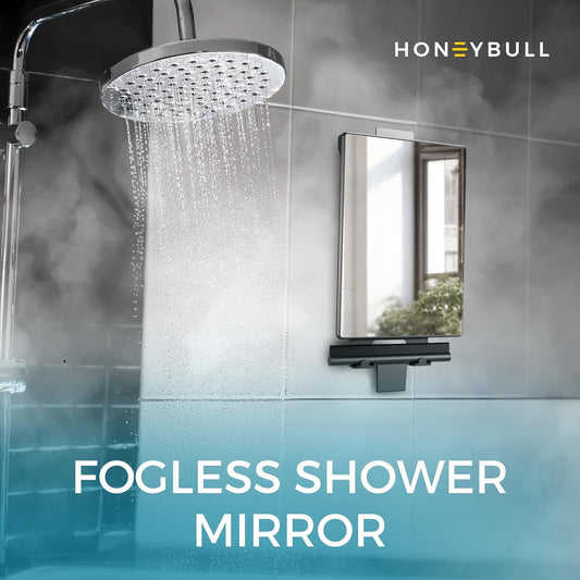 HONEYBULL Fogless Shower Mirror for Shaving – Anti Fog Mirror for Shower with Water Tank, Adhesive Hook Mount, Bonus Razor Holder & Squeegee – for Men and Women, Small Bathroom Accessory (Black)