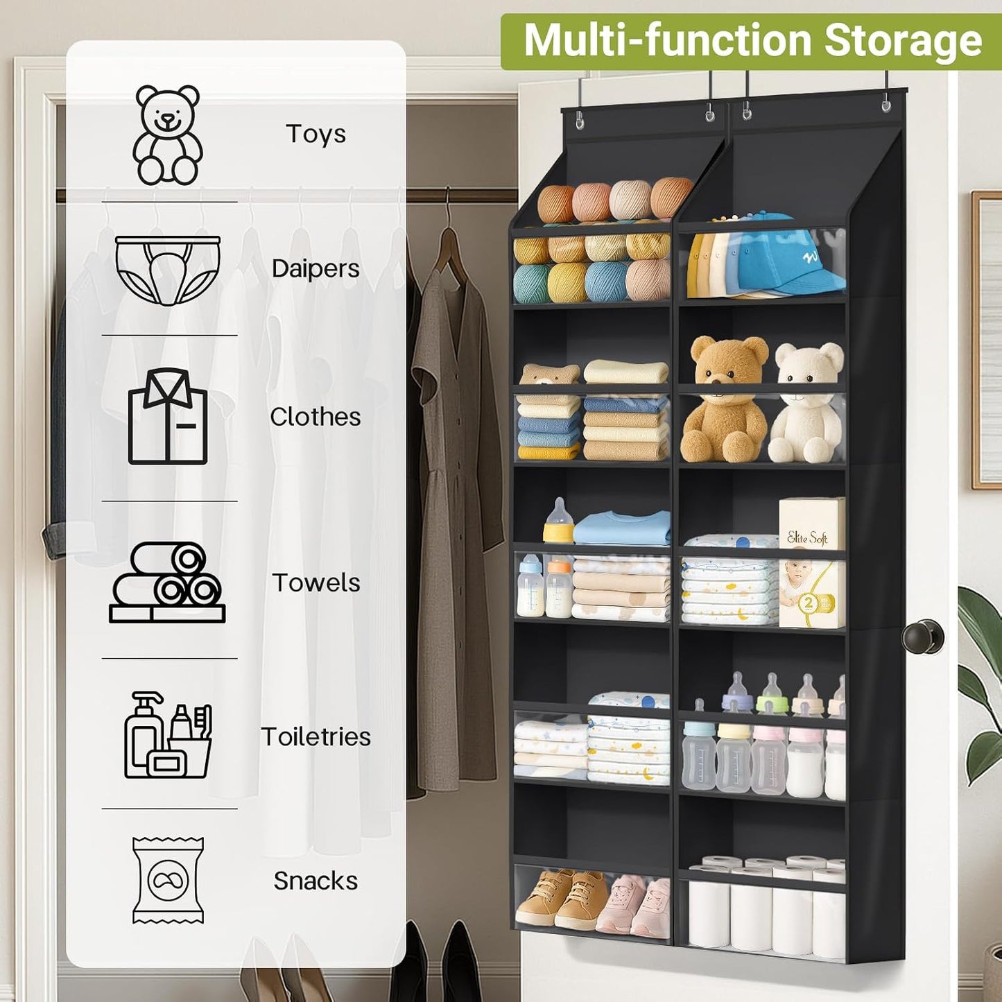 AOODA 2 Pack Over the Door Organizer, Large Capacity Closet Door Hanging Organizer, Clear Deep Pockets Baby Organizer Storage for Nursery, Bathroom, Bedroom, Pantry, Diapers (Grey)