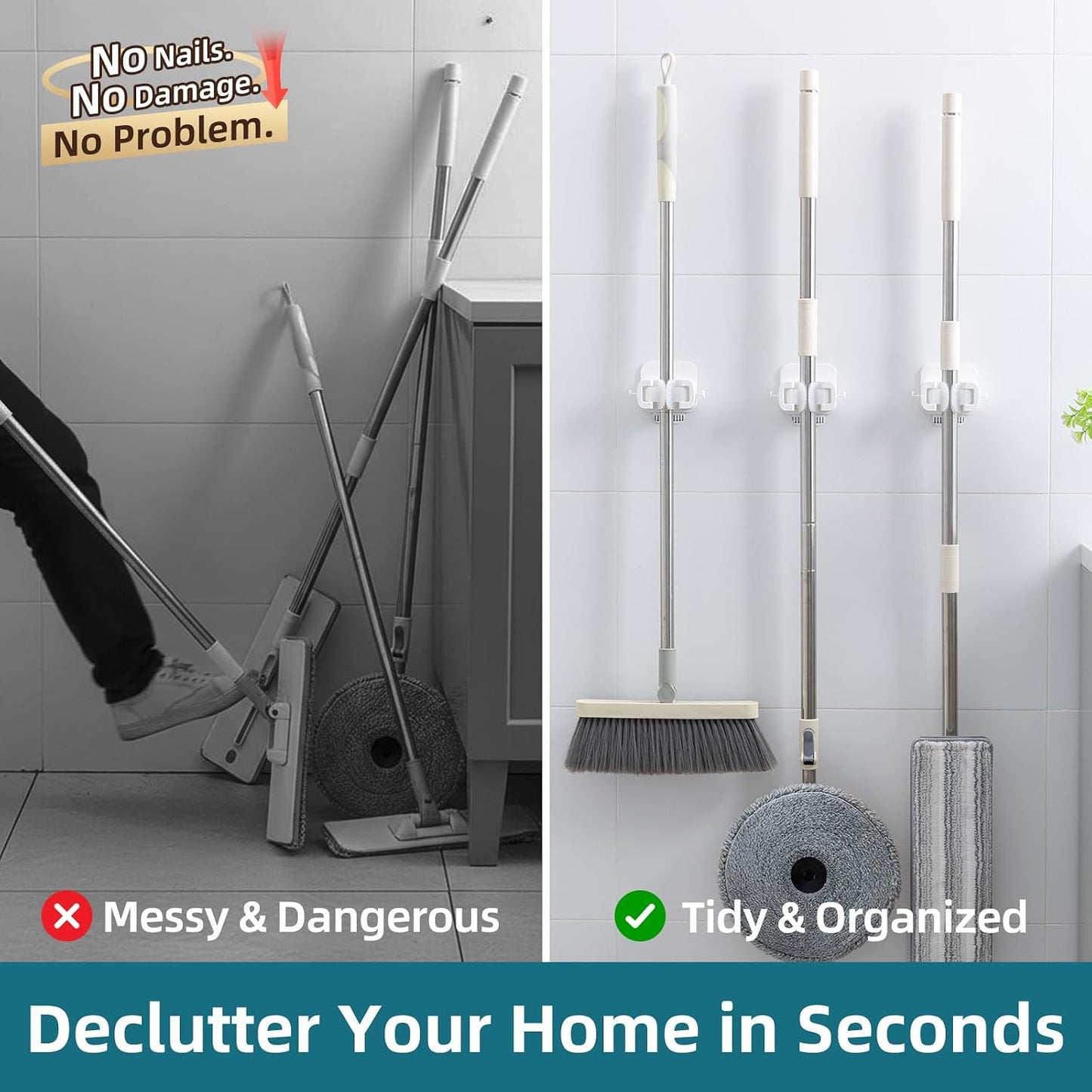 TAILI Mop and Broom Holder Wall Mount Grippers, 2 Hangers and 6 Adhesive Strips, Damage Free Hanging Wall Mount, Household Cleaning Organizer for Organization and Storage, Holds up to 4 lbs, White