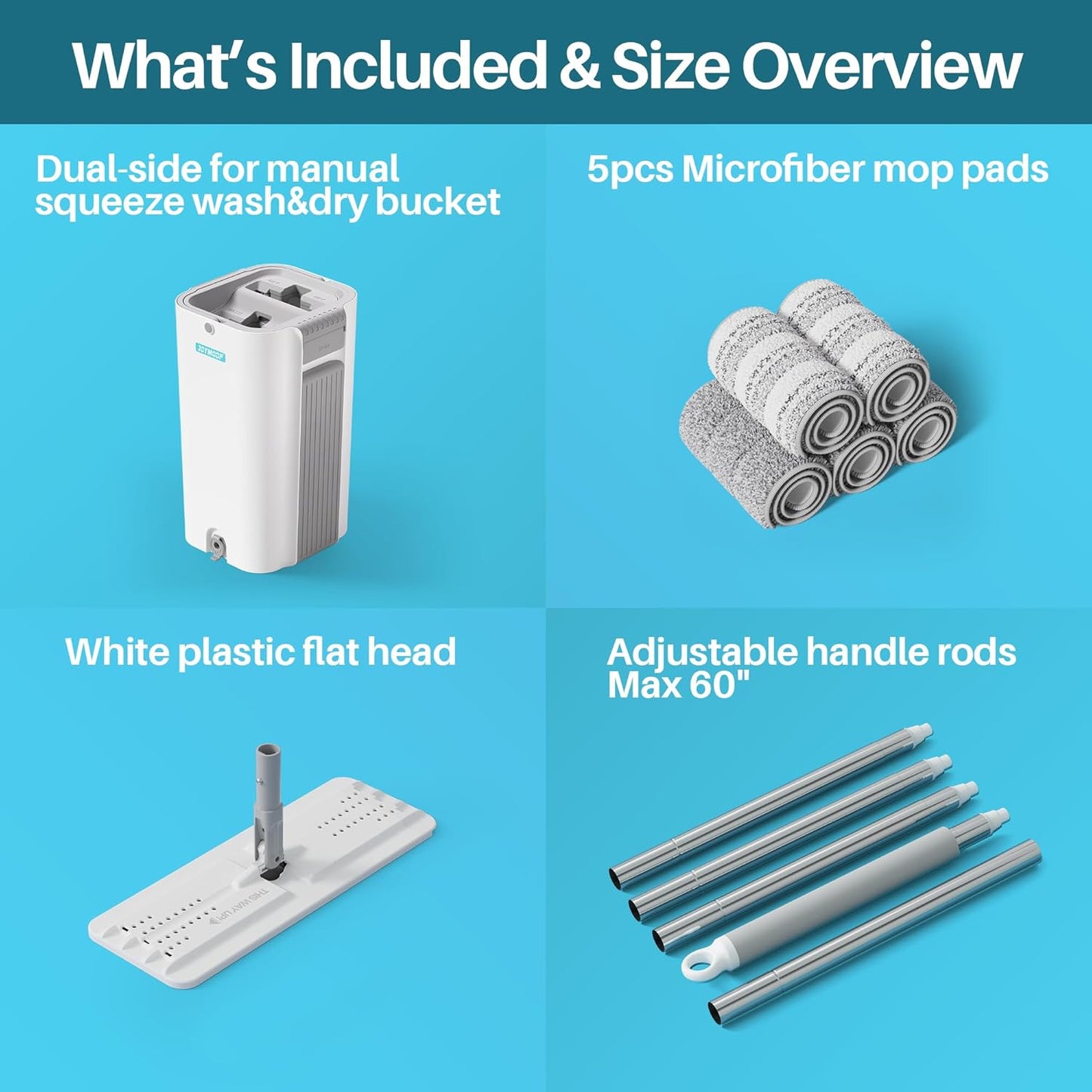 JOYMOOP Mop and Bucket Set, Flat Mops for Floor & Wall Cleaning, Commercial & Household Use, Hardwood Floor Mop with Long Handle & 4 Microfiber Pads