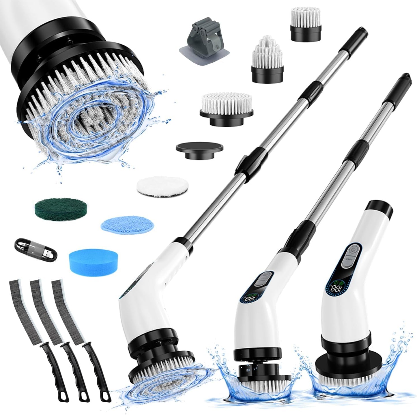 Electric Spin Scrubber Cordless – Powerful Bathroom Cleaning Brush with Long Handle, 2 Speeds, 3000mAh Rechargeable, 7 Brush Heads, Wall Hanger & Crevice Tools – Shower, Tub & Tile Cleaner