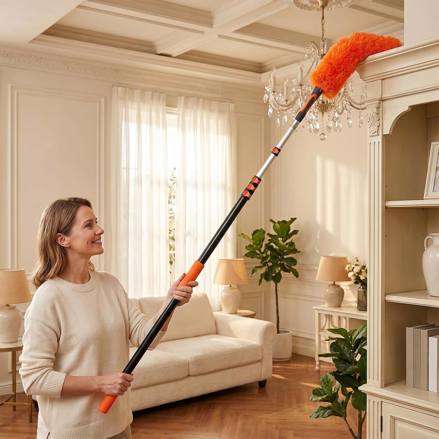 20 Foot High Ceiling Fan Cleaner Duster Kit with 5-12ft Heavy Duty Extension Pole, Microfiber Feather Duster, Cobweb Duster, Ceiling Fan Duster and Window Squeegee, Long Dusters for Cleaning