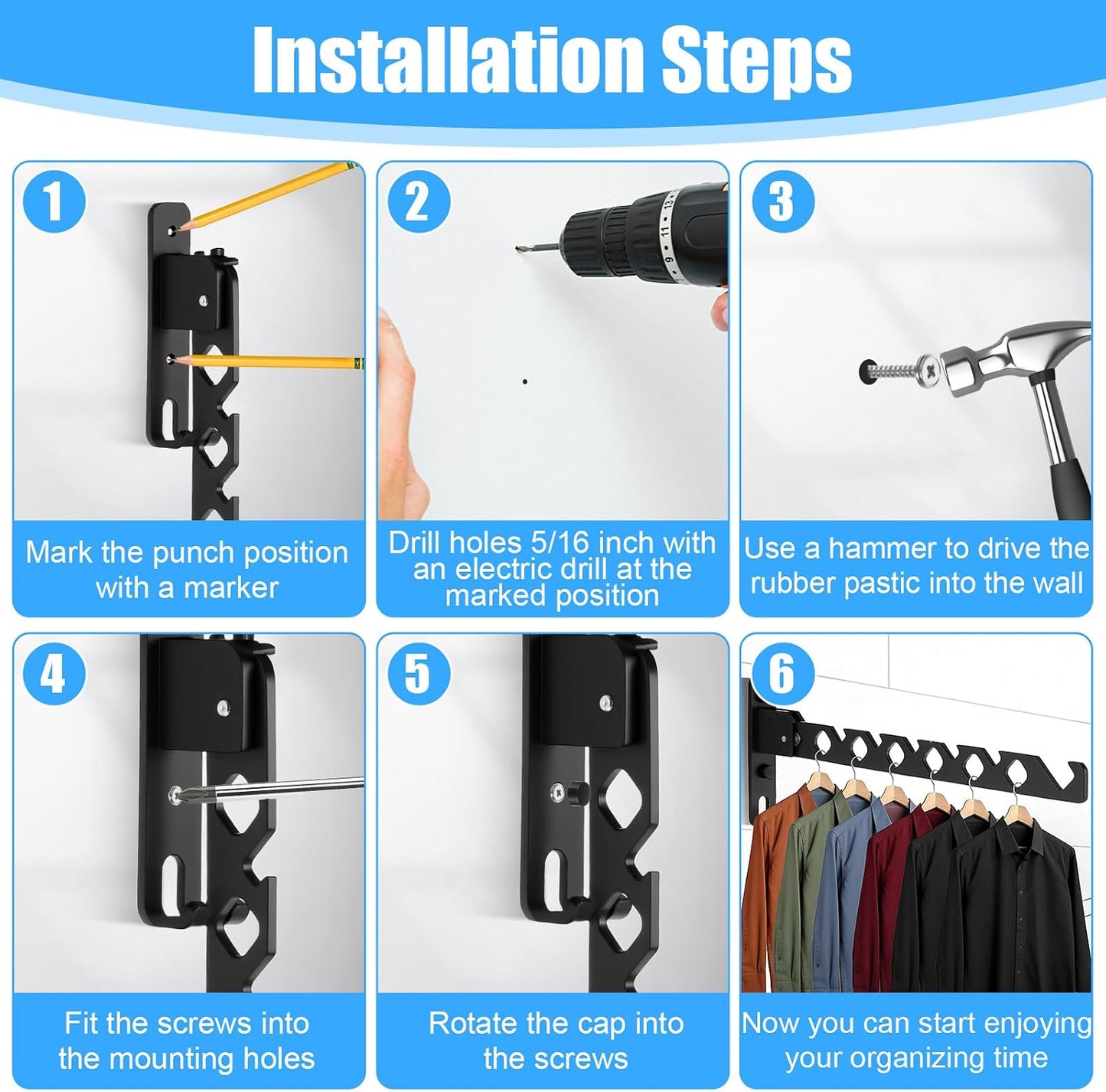 3 Pack Black Wall Mount Coat Hanger Holder, Retractable Folding Clothes Hanging Rack Aluminum Coat Hanger Wall Mount Clothes Drying Rack Space Saver for Laundry Room Bedroom Indoor