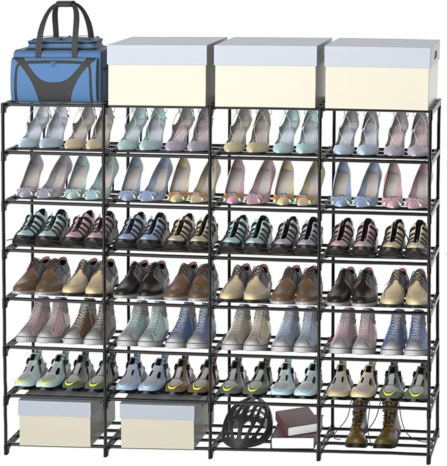 3 Row 4 Tier Long Shoe Rack, Black Metal Stackable Shoe Shelf with Multifunctional Hooks, Shoe Storage Hold 24-30 Pairs, Space Saving Shoe Organizer for Closet,Wide Shoe Rack