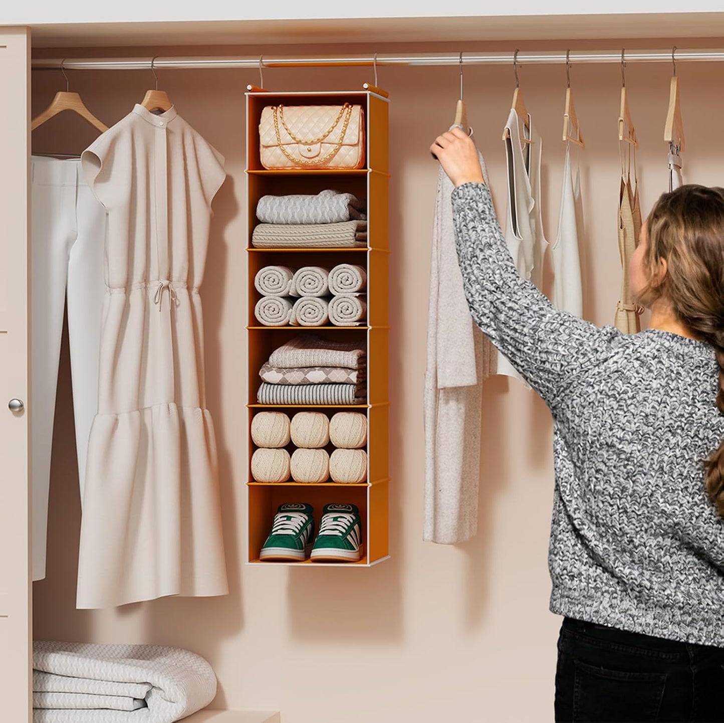 MAX Houser 6 Tier Shelf Hanging Closet Organizer, Closet Hanging Shelf with 2 Sturdy Hooks for Storage, Foldable (Grey)