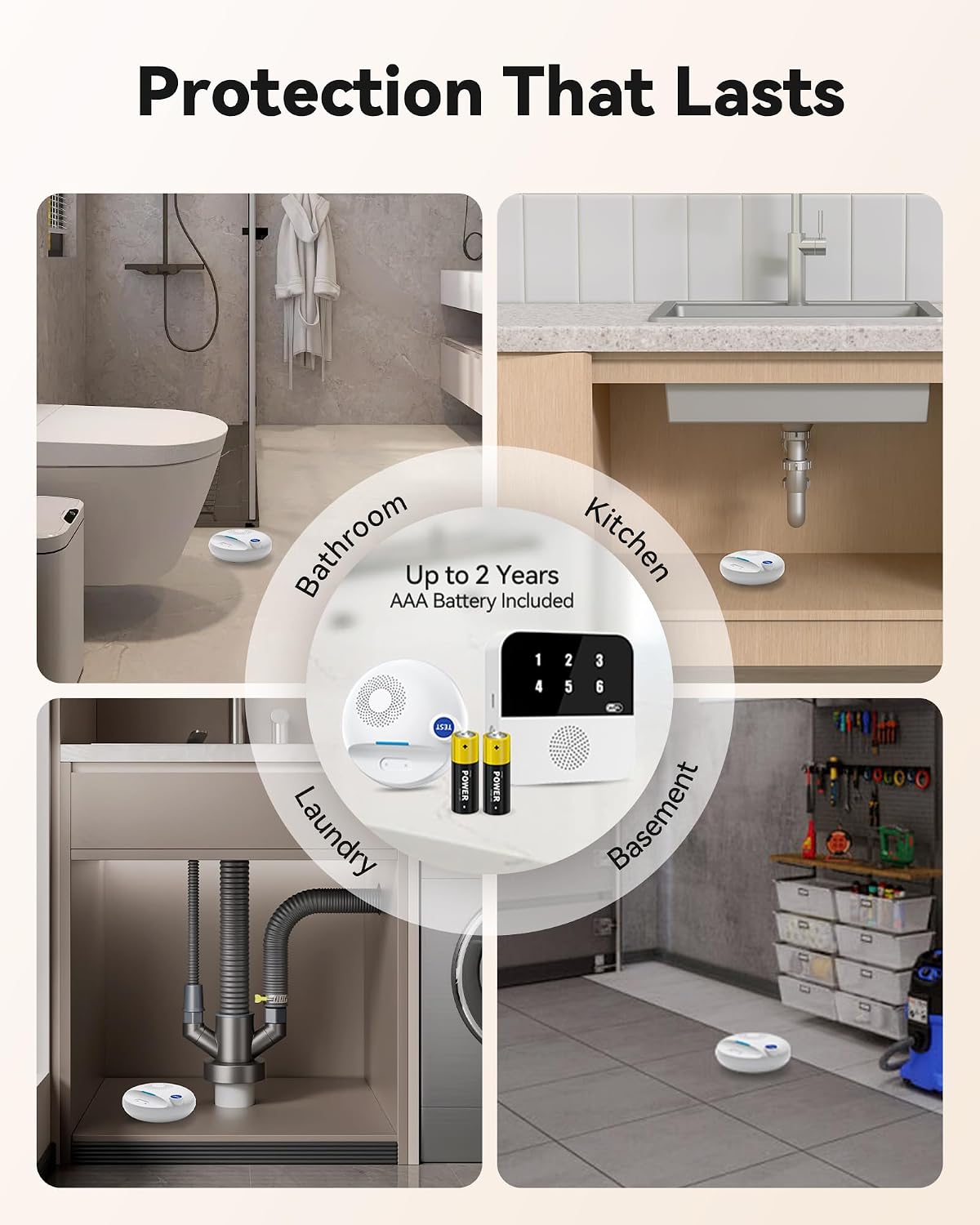 PILSAMAS Wireless Water Leak Detector, Loud Siren Water Sensor Alarm, IP67 | Top and bottom dual metal probes, Rustproof ABS plastic, Real-time drip and flood detection, Great for under sink or basement