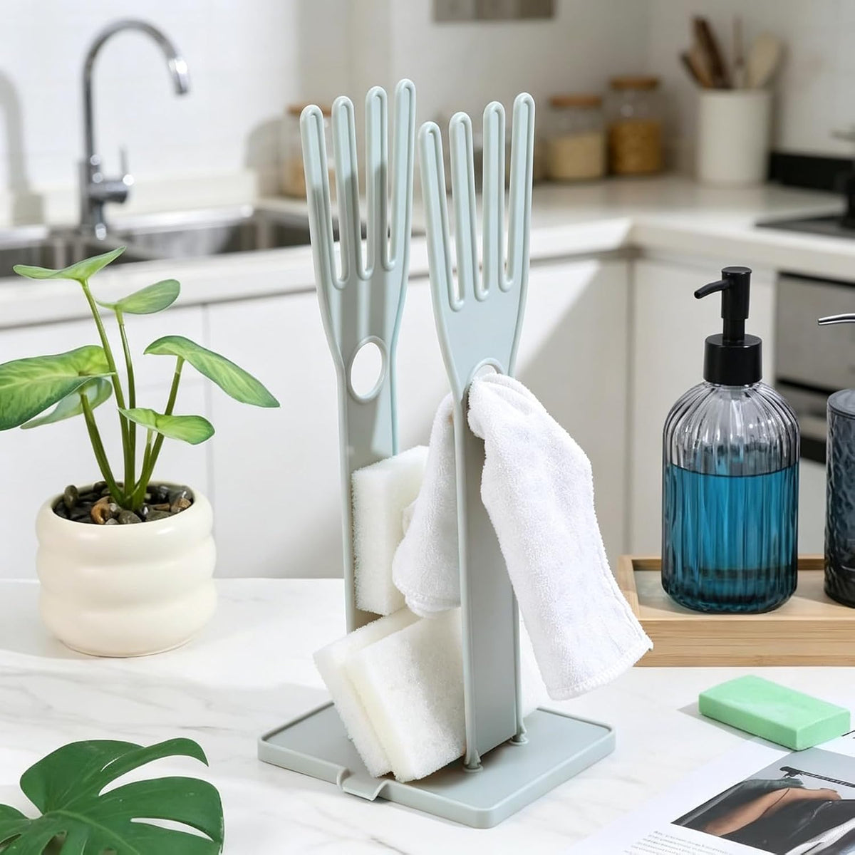 Kitchen Gloves Holder, Reusable Plastic Glove Drying Rack, Rubber Mitten Dryer Dish Glove Holder Stand for Sink, Towel Hanger for Rags Sponge Food Bag Organizer