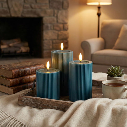 Fluted Ribbed LED Pillar Candles, Cream Beige, with Realistic Reflective Melted-Wax Effect – Flickering Flame, Remote, Dimmable, Flameless, Battery Operated, Home & Wedding Decor (Set of 3)