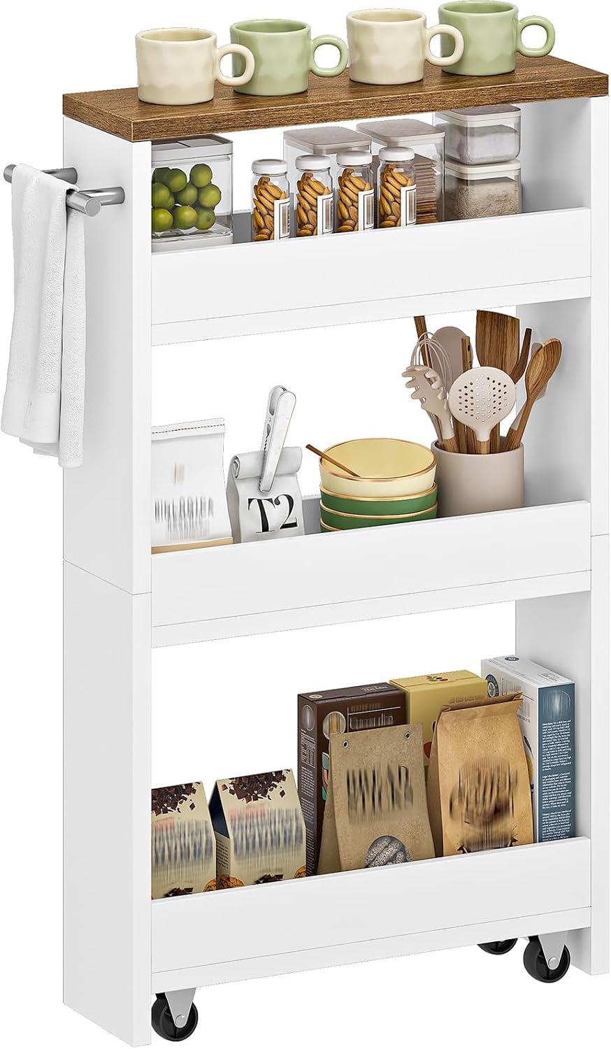CHOEZON Slim Storage Cart, Slim Storage Rack on Wheels, Rolling Trolley with Handle, Storage Organizer, for Kitchen, Dining Room, Living Room, Laundry Room, White and Walnut MTC01WL