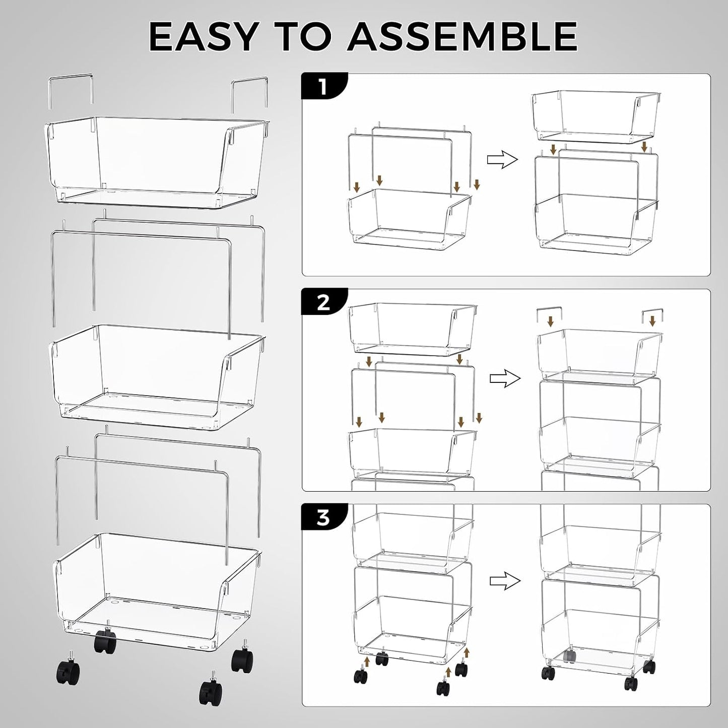 Delamu 3 Tier Rolling Cart for Kitchen, Bathroom, Office, Acrylic Utility Storage Carts with 2 Lockable Wheels, Ideal for Small Spaces, Pantry, Classroom, Makeup Organizer, Dorm Storage, Clear