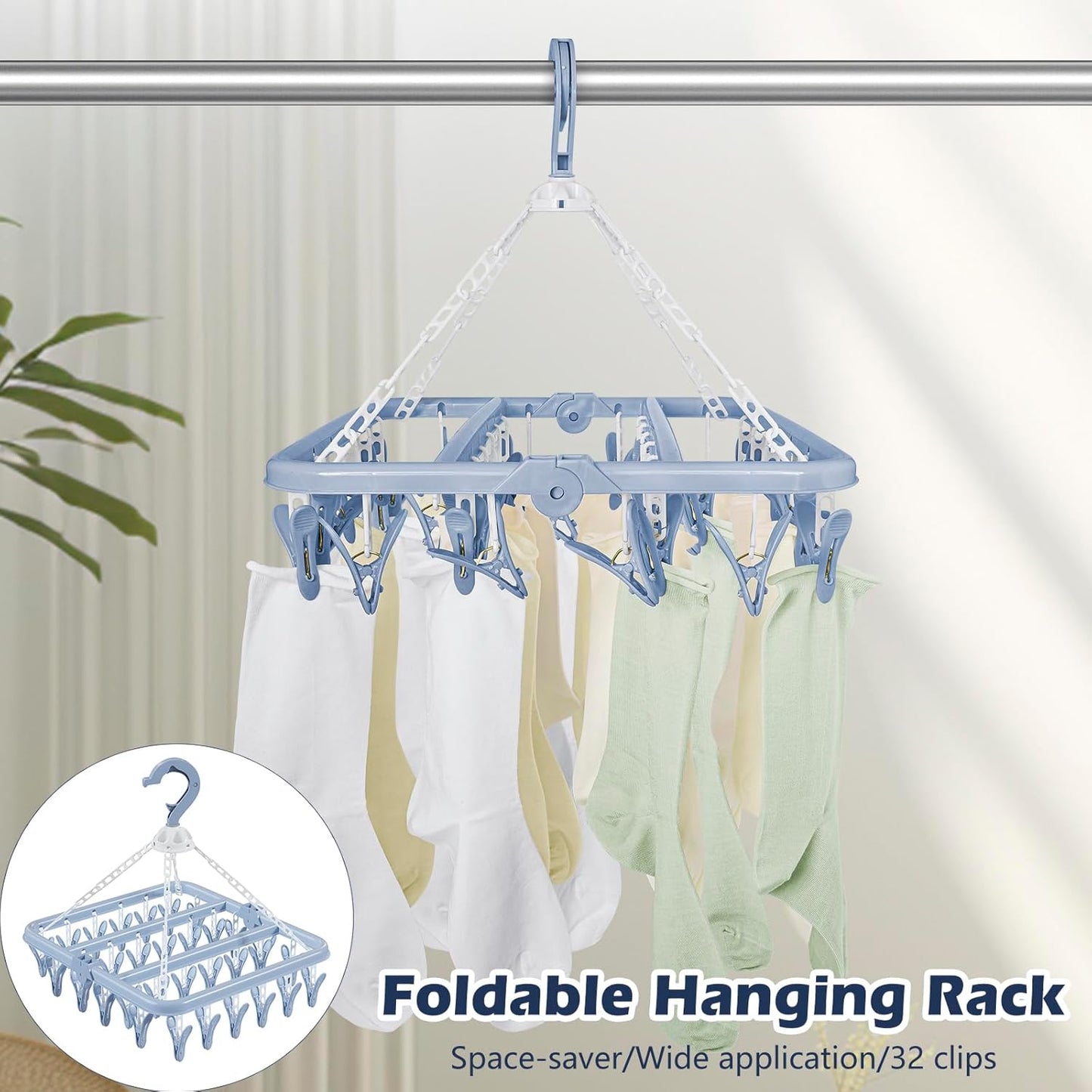Clothes Drying Rack with 32 Clothespins, Bule Foldable Hanging Drying Racks, 360° Rotatable Hook for Drying Towels Bras Baby Clothes Gloves Plastic, Clothes Drying Foldable-Bule