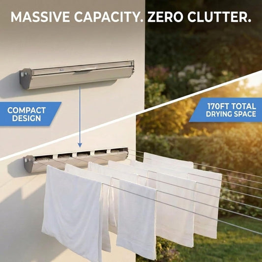 Household Essentials Steel and Aluminum 5‑Line Retractable Wall‑Mounted Dryer Slim Space‑Saving Laundry Rack, White Finish