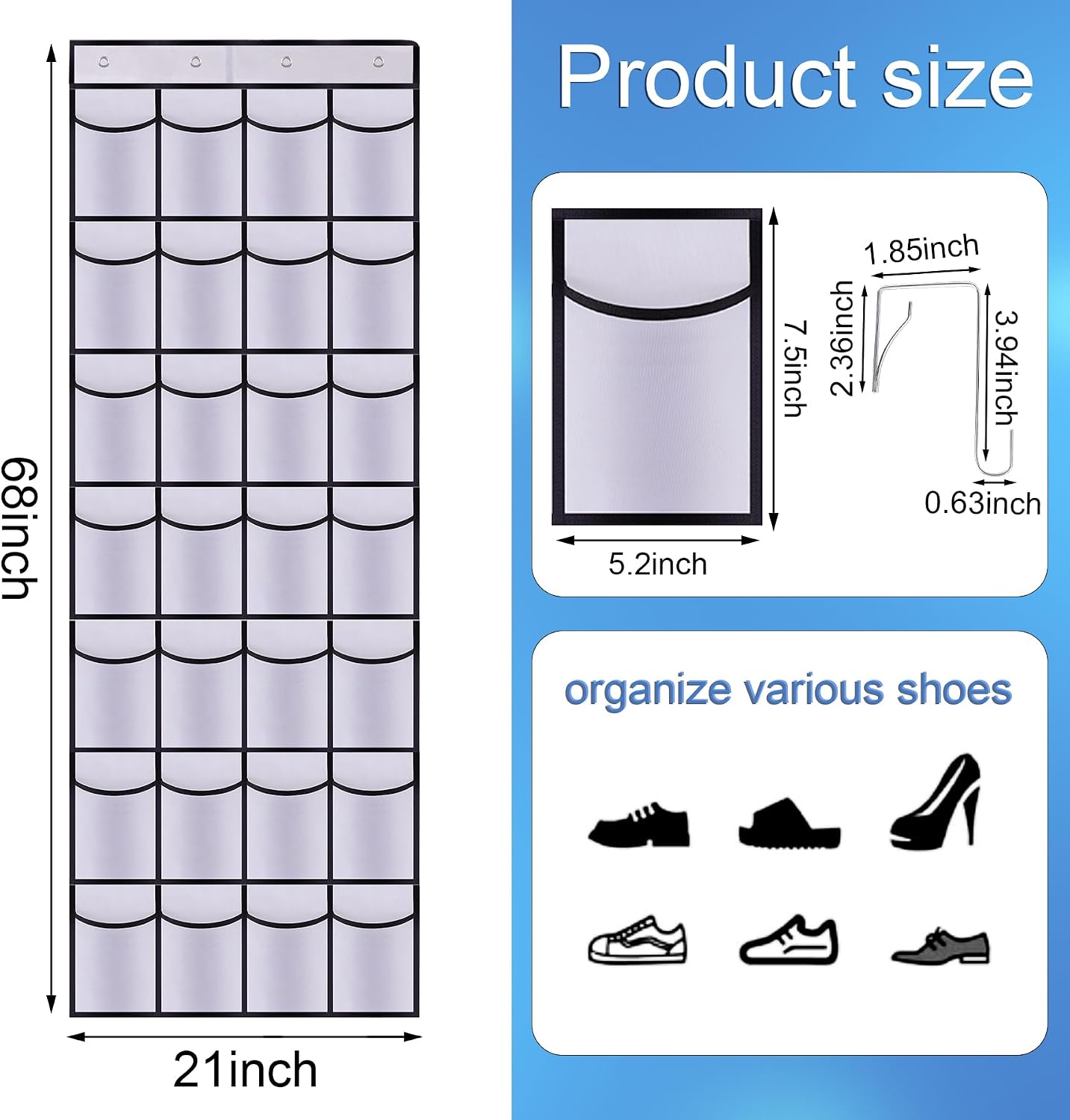 Over the Door Shoe Organizer,24 Mesh Pockets,Hanging Storage (White) | Large breathable mesh pockets for shoes, accessories,and small items,hanging storage holder for bedroom,closet,or entryway.