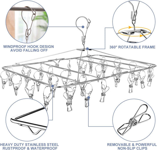 Fayleeko Drying Rack, 52 Clips Stainless Steel Laundry Drying Rack Folding Sock, Underwear, Clothes Hangers for Drying Towels, Bras, Lingerie, Baby Clothes
