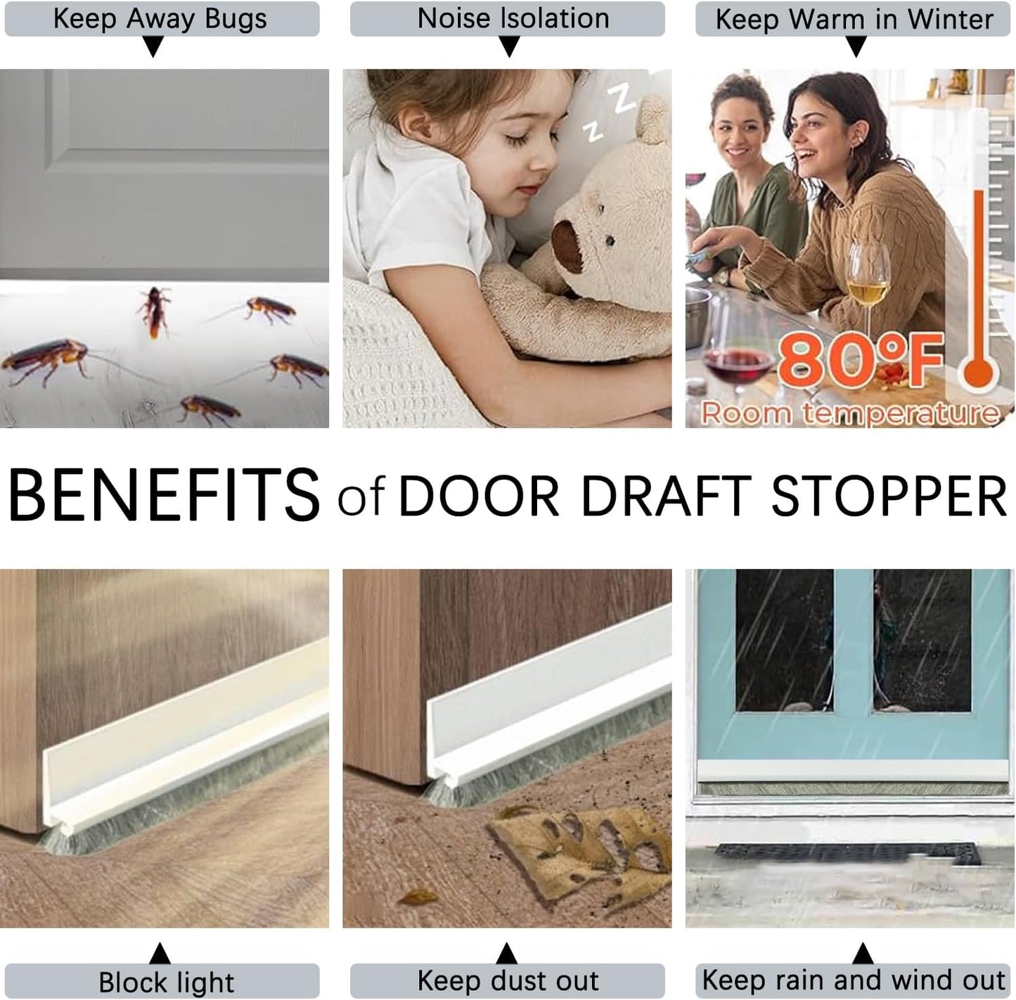 2 Pack Door Sweep Brush, Under Door Draft Stoppers with Brush, Draft Stopper for Bottom Reduce Noise, Weather Stripping for Doors Exterior with Self Adhesive, 2" W x 39" L, White