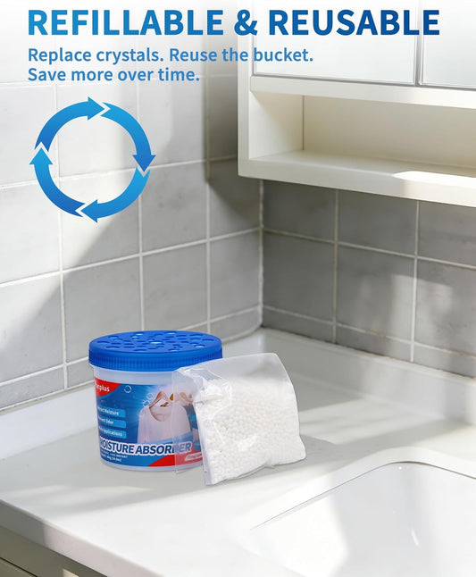 Vacplus Refillable Moisture Absorbers for Closet - Fast-Acting Crystal Dehumidifier for Bathroom, RV & Basement, 10.5 oz Humidity Absorber, 6 Pack, Fragrance Free