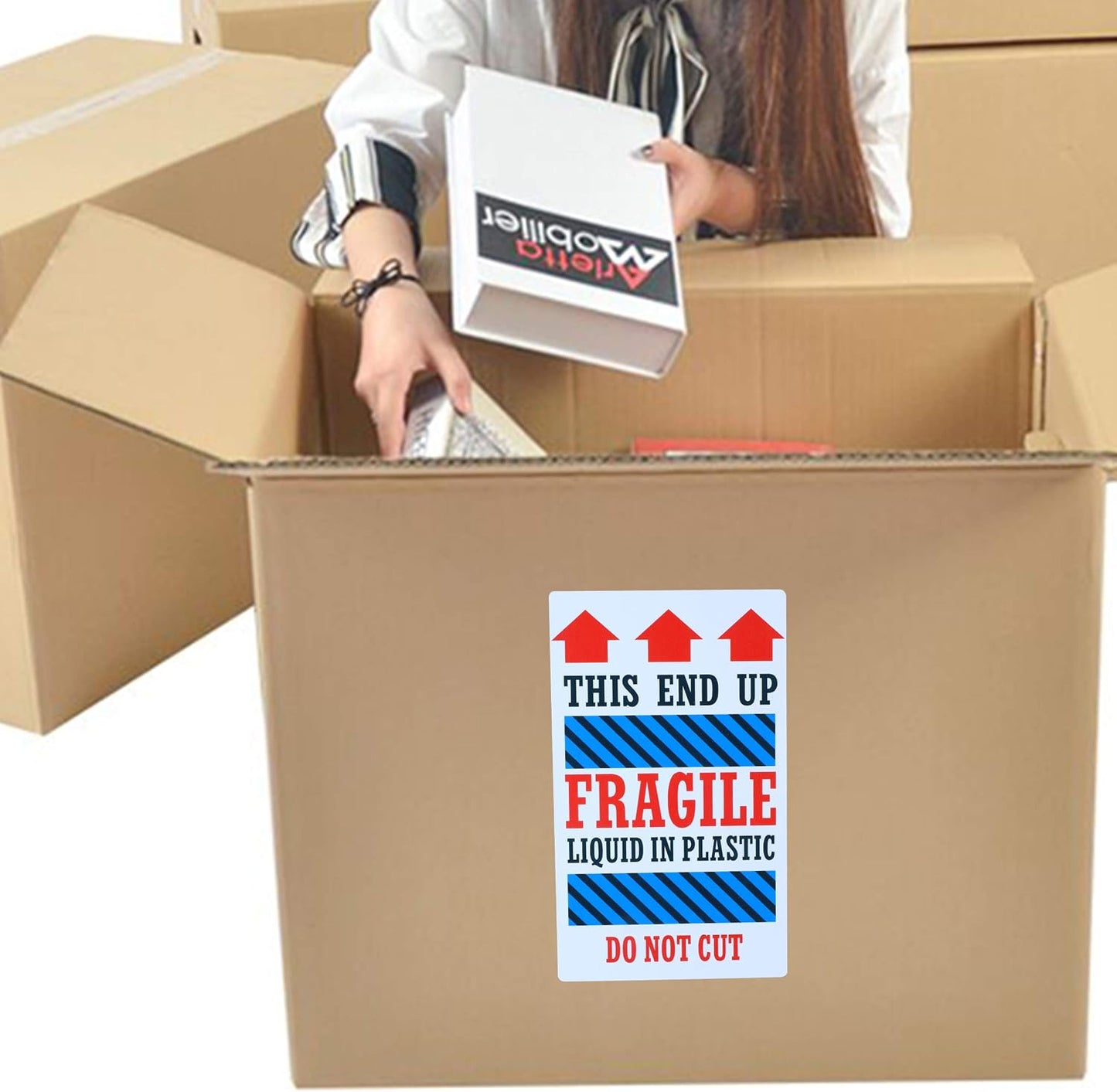 Hybsk 3 x 5 Fragile Liquid in Plastic This End Up Safe Handling Stickers for Shipping and Packing - 100 Adhesive Labels Per Roll