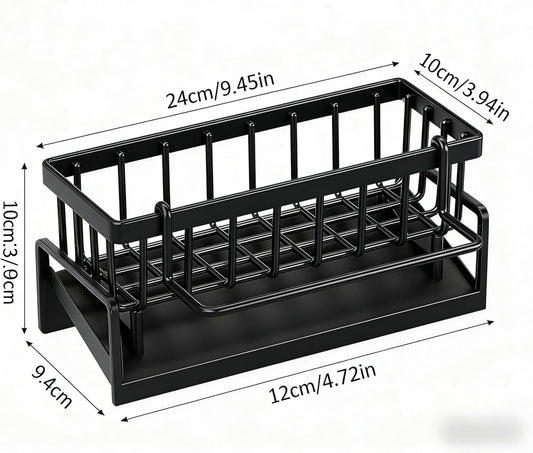 Stainless Steel Sink Caddy – Sponge Holder with Self-Drain Tray, Suction Cups & Adhesive Hook, 3-in-1 Kitchen Organizer for Sponge, Brush, Scrubber,Black