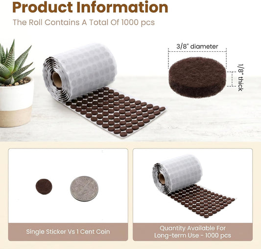 1000Pcs Small Felt Pads for Coaster Bottoms Dots 3/8" Felt Pads for Cabinet Door Bumpers Self Adhesive Felt-Furniture Pad Feet for Chair Legs Round Felt-Hardwood Floor Protectors for Kitchen, Brown