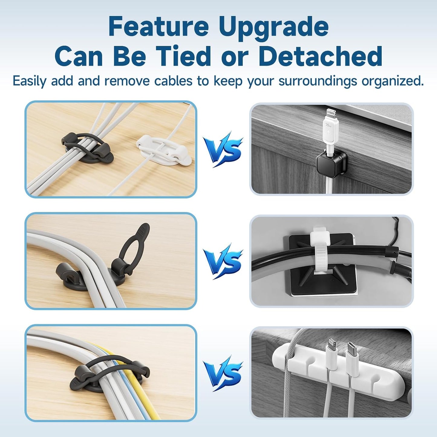 Adjustable Cable Management Clips, Self Adhesive Cord Organizer with Elastic Loop, Reusable Cable Holder for Desk, Under Desk, Wall, TV, Office, Home, Charging Cables, USB, HDMI, PC Wires (10)