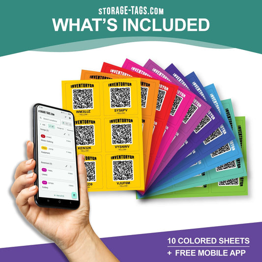 QR Code Storage Tags (Multicolored) - Smart Stickers - Tracking Labels for Totes - Scan Storage Bins & Containers - Moving House - Track Inventory - Android and iOS App - Pack of 60