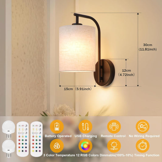 MATAMEYE Battery Operated Wall Sconce Set of 2, Black Rechargeable Wireless Wall Light Fixture with Remote, 12 RGB Colors & Timer, Indoor Dimmable Wall Lamp with Linen Shade