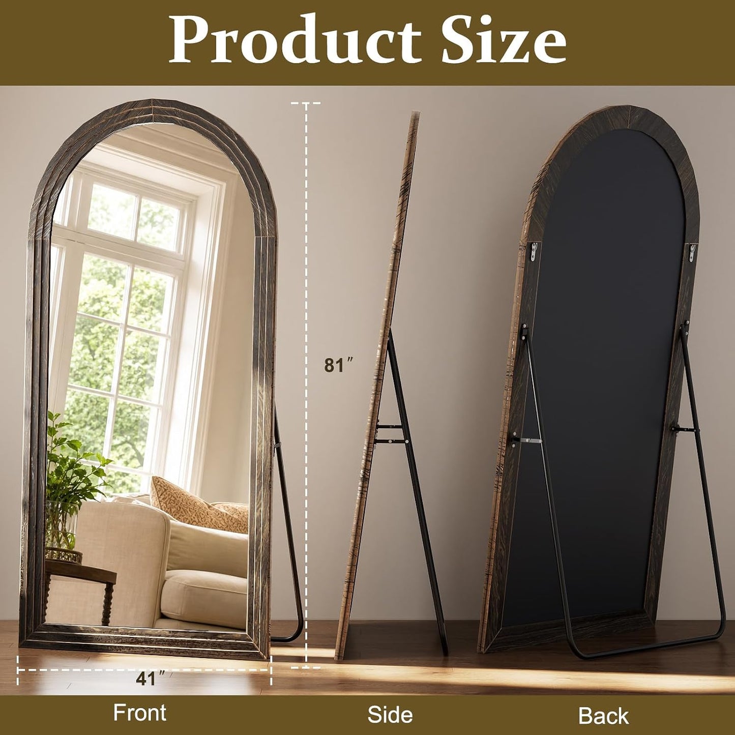 XRAMFY Full Length Mirror 65" x 22", Arched Large Floor Mirror with Solid Wood Frame, Freestanding & Wall Mounted, Antique Brown Finish for Bedroom Living Room