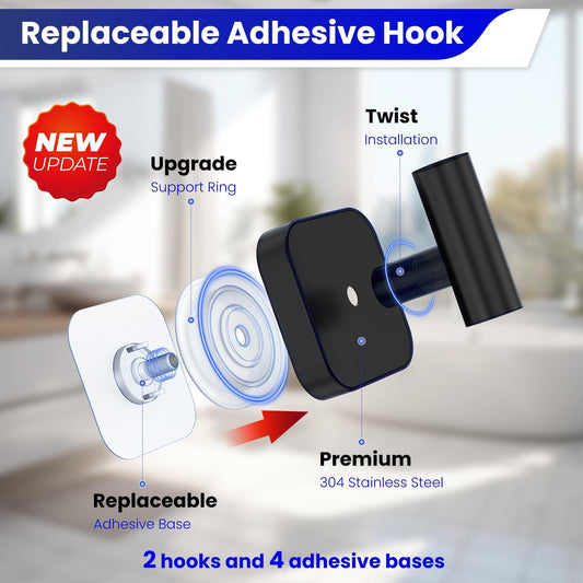 Aikzik Silver Replaceable Adhesive Hooks Heavy Duty, Stainless Steel Towel Hooks for Bathrooms & Shower-Tiles, Glass Door, Wall Hooks for Walls No Damage, Towel Holder Sticky Hooks for Hanging- 2 Pack