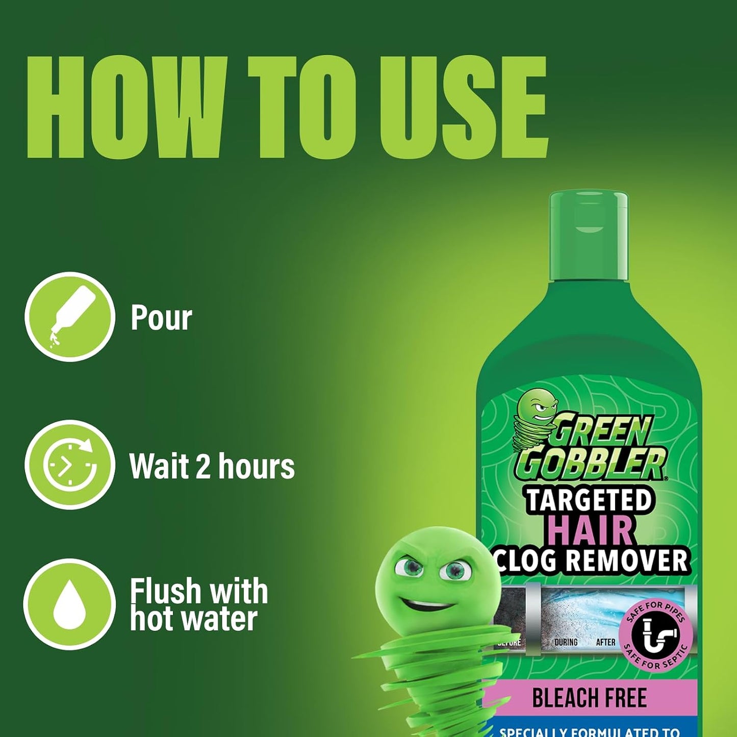 Green Gobbler Hair Drain Clog Remover | Formulated to Quickly Dissolve Hair Clogs