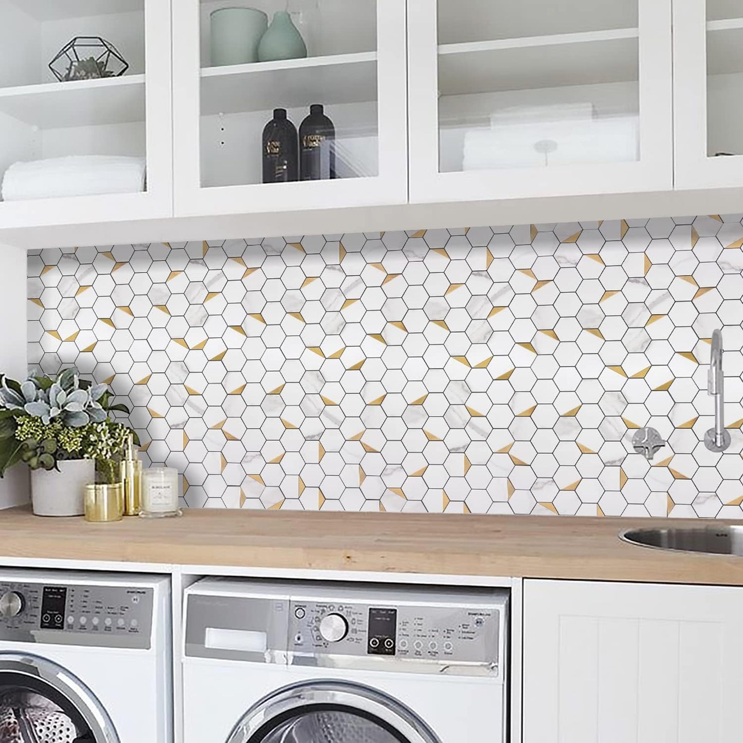 STICKGOO Peel and Stick Backsplash for Kitchen, Self-Adhesive Tile Hexagon Mosaic Tiles (10 Sheets, White Marble with Metal Gold )
