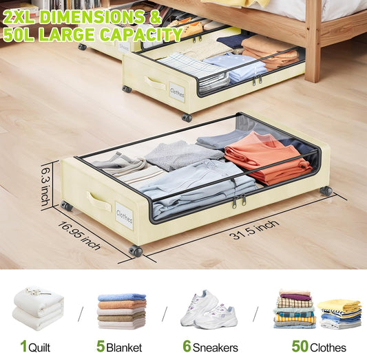 Molutsody Under Bed Storage with Wheels, 2-Pack Underbed Storage Containers with Clear Lids, Under Bed Shoe Storage Organizer, Rolling Under the Bed Storage Bins for Clothes Shoes Blankets (Black)