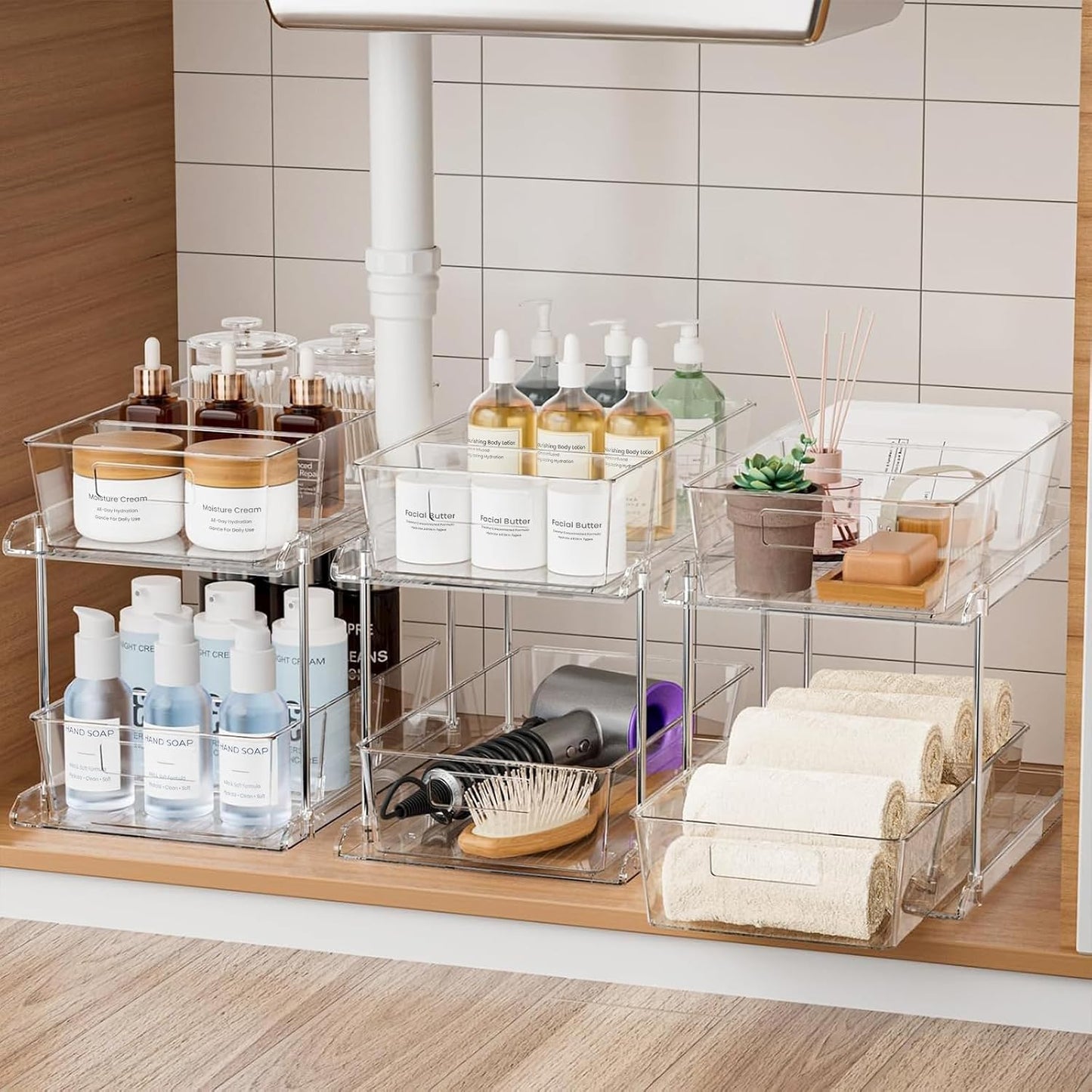 Fabspace Bathroom Under Sink Organizers and Storage, 2 Tier Vanity Countertop Pull-out Cabinet Organizer, Storage Container, Multi-Purpose Kitchen Pantry Organization with Dividers, 2 Packs