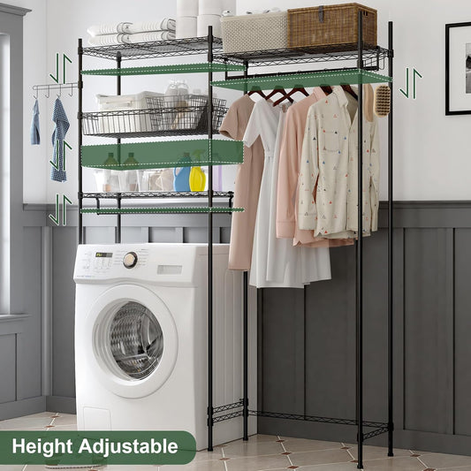 Over Washer and Dryer Storage Shelves, Clothes Drying Rack with Adjustable Shelf, 57.4" W Space Saving Shelving Units with Laundry Hamper and Hooks, Laundry Room Organization and Storage