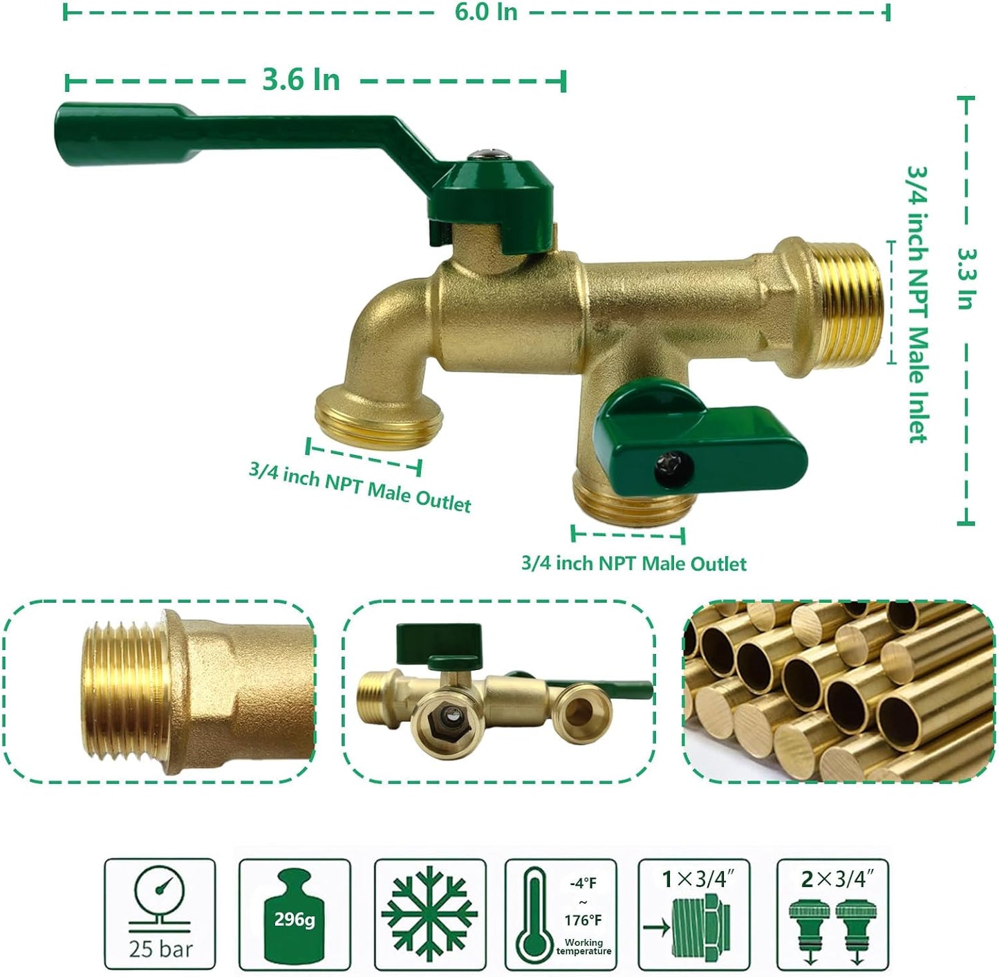 Outdoor Faucet Double Outlet, 1/2 Inch Male Inlet NPT Thread,Wall Mounted Lead-Free Brass Tap with Dual 3/4 inch Outlet,2 Way Splitter,Ball Valves Spigot,for Garden Hose Connector