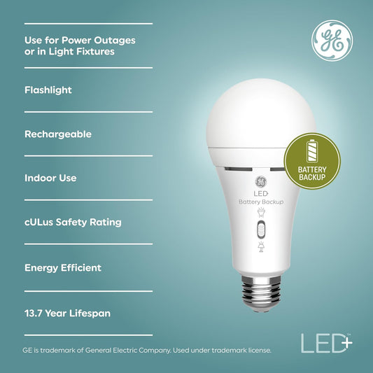 GE LED+ Backup Battery LED Light Bulbs, A21 Rechargeable Light Bulbs for Power Outages and Emergencies, Flashlight, 3 Color Temperatures (2 Pack)