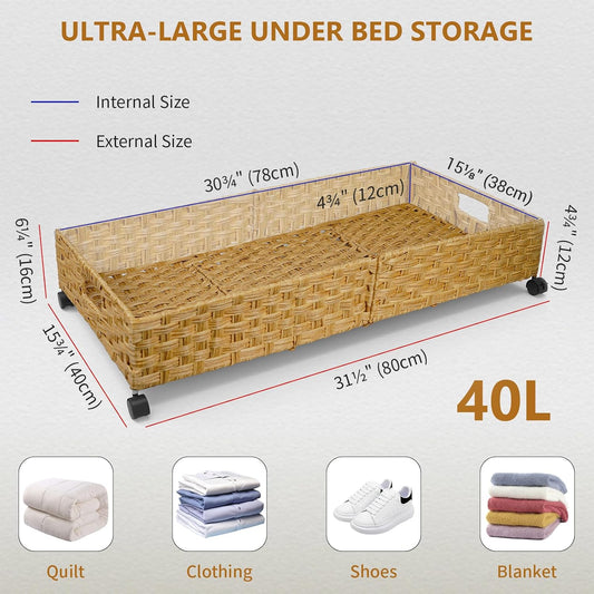 Under Bed Storage Containers with Wheels, 31.5” Large Handwoven Rattan Rolling UnderBed Storage Bins, Tool-free Assembly Natural Under The Bed Organizer Drawers for Bedroom, Sheets Clothes Blankets