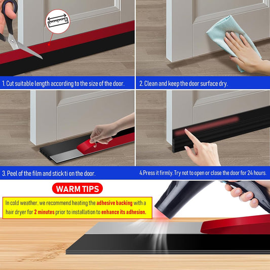 Premium Door Draft Stopper for Bottom of Door, 2" W x 78" L. Under Door Noise and Light and Bug Blocker, Under Door Sweep for Exterior & Interior Doors, Door Strip Ideal for Keeping Out Cold, Black