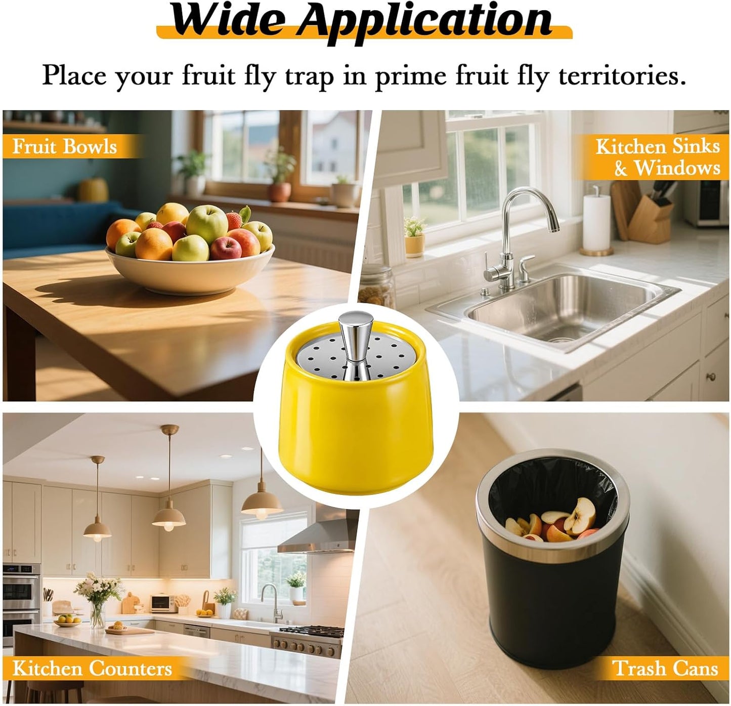 Ceramic Fruit Fly Trap for Indoors, Reusable Kitchen Fly Catcher with Stainless Steel Vent Lid, Uses Safe & Natural Vinegar Bait Trap, Dishwasher Safe, Easy to Use (White,1 Pack)
