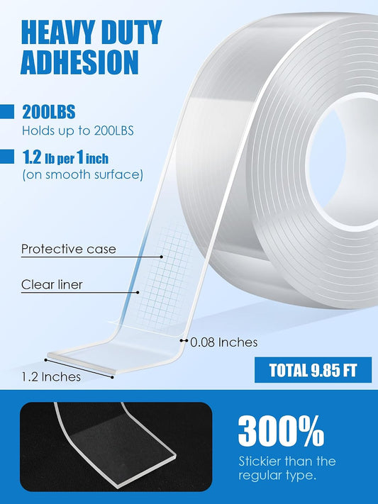 Double Sided Tape Heavy Duty, Transparent Magic Nano Tape, Multipurpose Removable Adhesive Grip Mounting Tape Washable for Carpet, Wall Decor, Hanging Picture, DIY Projects