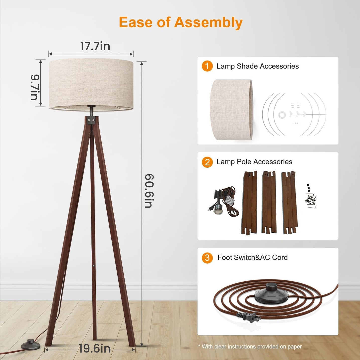 LEPOWER Tripod Floor Lamp Mid Century Modern Standing Lamps for Living Room | Light-Diffusing Linen Shade, Premium Rubberwood Tripod with E26 Base, Adding Warmth to Bedroom, Office & Study Corner Brown