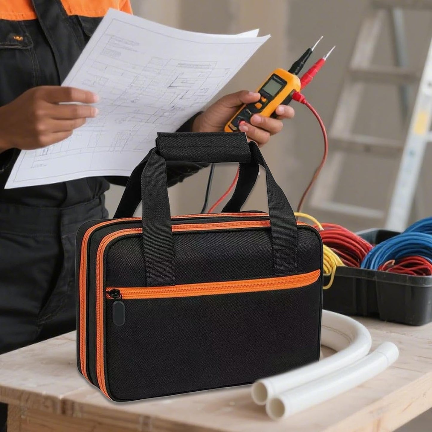 Electrical Test Kit Case – AC Circuit Breaker Travel, Bag Waterproof Double Layer, Electrician Maintenance Tool Holder Organizer | Batteries Digital Multimeter Wires Outlet compact