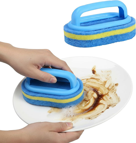 Shower Scrubber with Handle - Bathroom Cleaning Sponge Brush for Bathtub, Tile, Toilet & Kitchen Sink - Heavy Duty Scrub Pad, Ergonomic Grip, Blue (1 Pack)