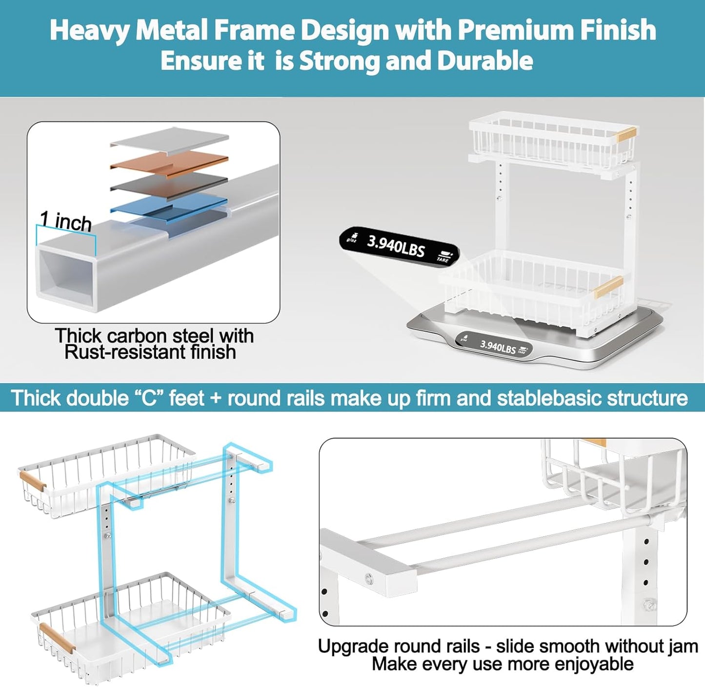 Liuoud Under Sink Organizer 2 Pack, 2 Tier Slide Out Large Capacity Height Adjustable Under Sink Organizers and Storage for Kitchen Bathroom Cabinet, White