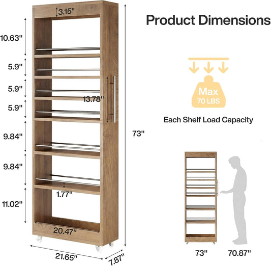 Tribesigns 73" Tall Slim Storage Cart on Wheels, 7-Tier Narrow Pantry Cabinet, Rolling Skinny Spice Rack Organizer Next to Fridge, Wooden Pull-Out Storage Shelf for Kitchen Small Spaces, White