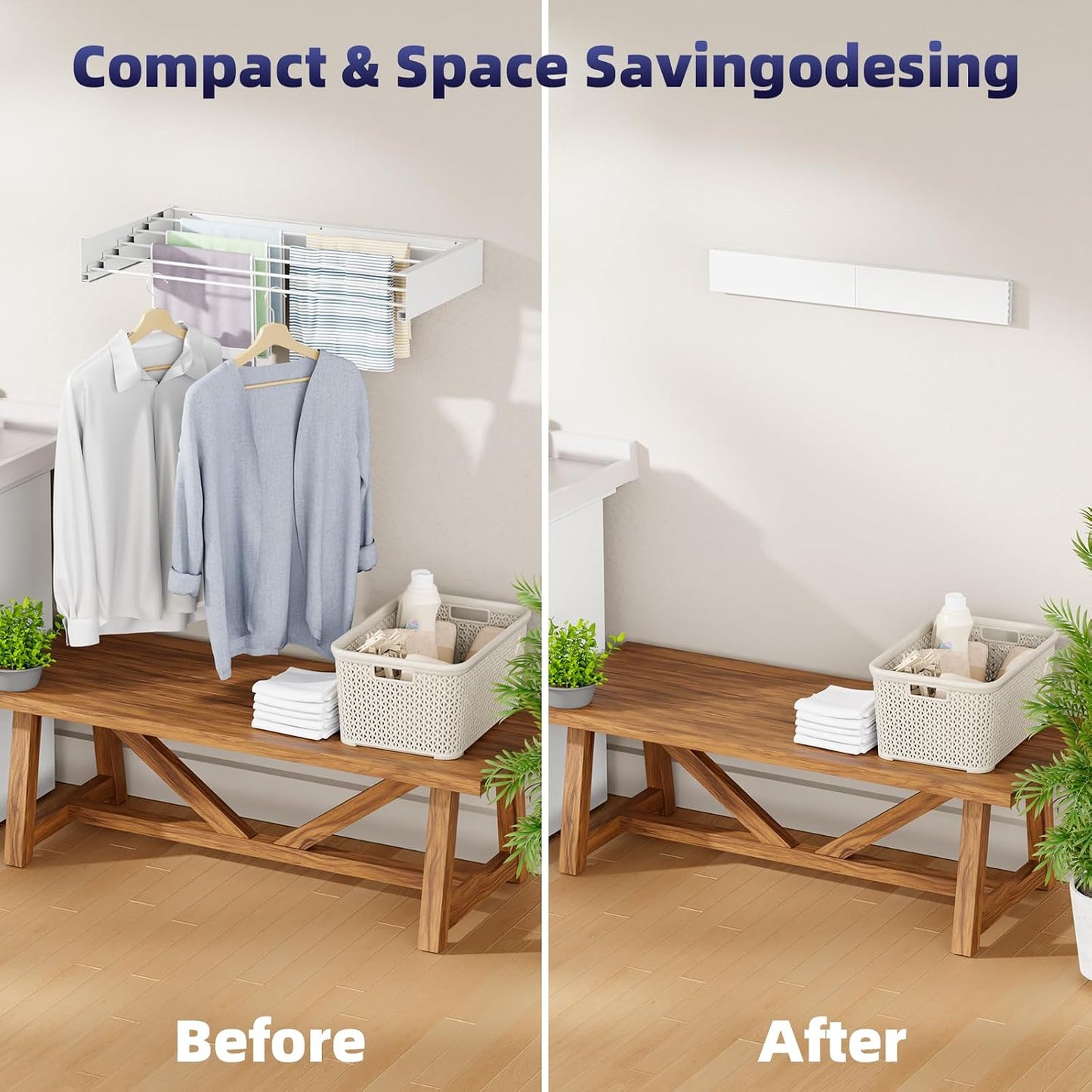 ZMBESUP Wall Mounted Drying Rack, 23.6" Foldable Clothes Drying Rack for Laundry Room Organization, Space Saving Retractable Laundry Rack for Small Space Apartment Bathroom Balcony (White)