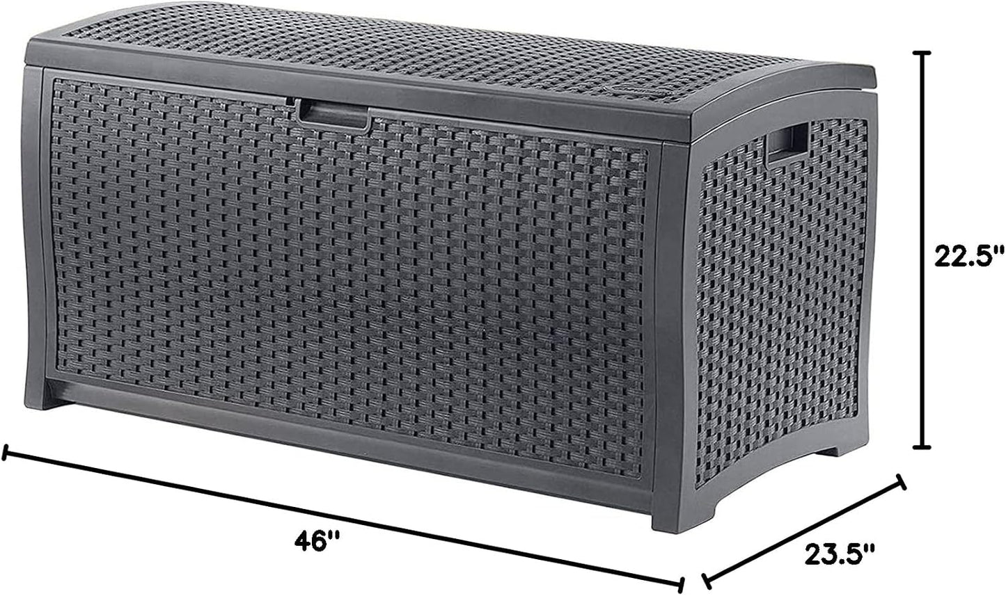 Suncast Outdoor Storage Box - 73 Gallon Mocha Brown Deck Box for Patio, weather-resistant Outdoor Storage Bench, Resin Wicker Style, Heavy-Duty, Lockable Lid for Cushions, Shoes, Pool & Garden Gear