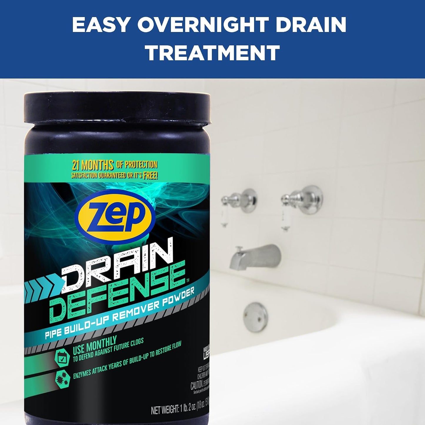Zep Drain Defense Enzymatic Drain Cleaner Powder - 18 Ounces - ZDC16 - Safe for Pipes and Septic Systems, Pack of 1, white