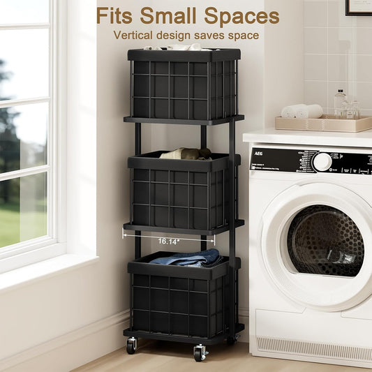 120L Vertical Rolling Laundry Hamper with Removable Bags, 3 Section Laundry Basket with Wheels, Slim Tall 3 Tier Laundry Sorter for Small Spaces, Dorm, Laundry Room, Bathroom, Closet, White