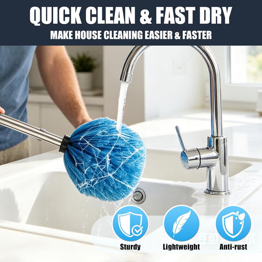 Lightweight Cobweb Duster with Extension Pole – 8FT Long Reach Brush Kit, Washable Head for Ceiling Fan, Spider Webs, Dust – Cleans Up to 15FT, for Furniture, Eaves, Vents, Roof